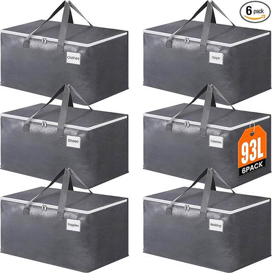 BlissTotes Large Moving Bags, Storage Bags, 93L-6 Pack | Moving Bags with Zipper, Handles Moving Supplies with lids, Heavy Duty Totes for Storage Bags, Space Saving, Moving Totes