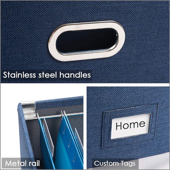 File Organizer Box - Set of 2 Collapsible Decorative Linen Filing Storage Hanging File Folders with Lids Office Cabinet Letter Size Navy Blue (14x9.3x10.8 inch)