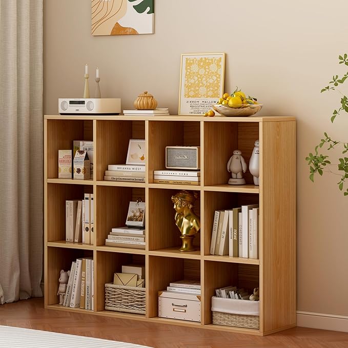OSCHF 12-Cube Storage Shelf Bookcase, Oak | Wooden 3-Tier Open Bookshelf, Fits 11×11" Bins, Vertical or Horizontal Use, Full Back Panels, For Home Office