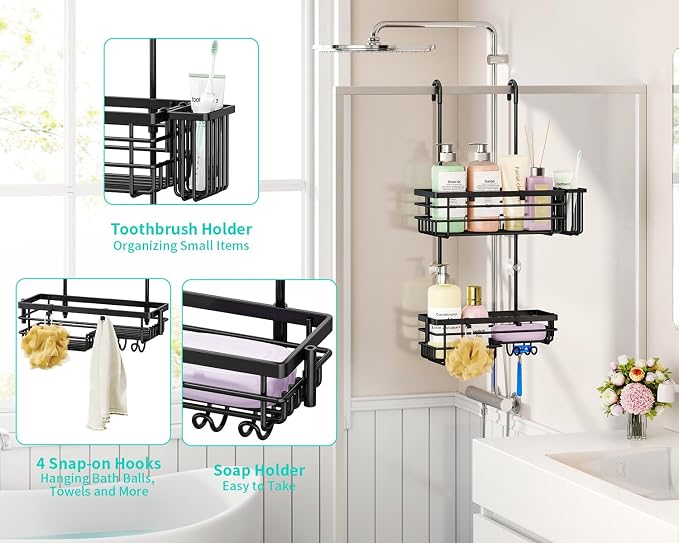 HapiRm Hanging Shower Caddy – For Renters & Small Bathrooms, Fits Shower Curtain Rods, No Drilling, 2 Rustproof 304 Shelves, 4 Hooks, and a Detachable Toothbrush Holder You Can Rinse - Black