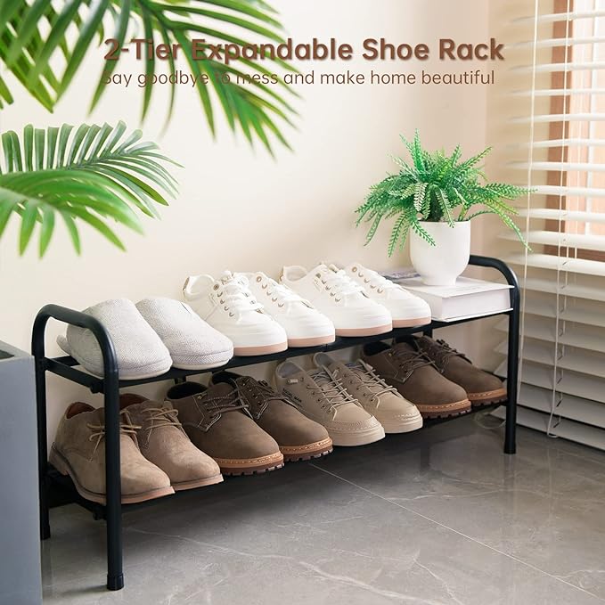 Gonfoam Expandable 2-Tier Shoe Rack for Closet and Entryway, Black | Tool-Free Assembly, Metal Material, Adjustable Shoe Organizer, Sturdy, Small Space Solution, Dorms, Garages, Apartments.