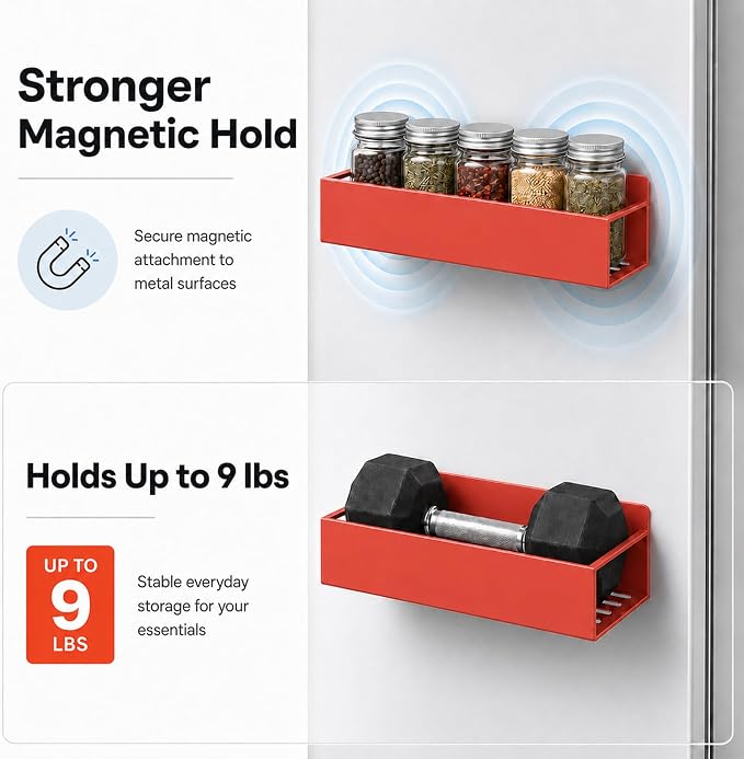 SMRCAD 6 Pack Metal Magnetic Spice Rack for fridge, Heavy Duty | Iron + Magnet | Holds 9 lbs per shelf | Full-back magnets | Screws included | Climate Pledge Friendly