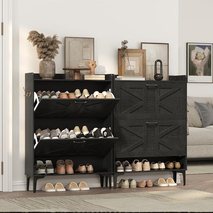 MAHANCRIS Shoe Storage Cabinet, Shoe Organizer with 2 Flip Drawers, Hidden Shoe Storage for Entryway, Freestanding Shoe Cabinet Organizer with Open Storages, Black SHHB9401