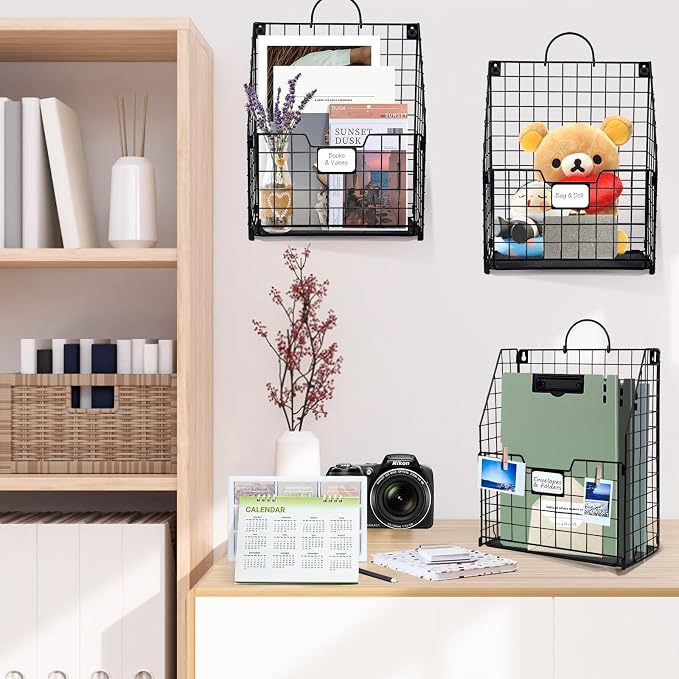 DILIBRA 4 Packs Hanging Wall File Organizer, Foldable Magazine File Holder | Wall Magazine Holder with Handle and Tag Slot, Metal Wall Mounted Mail Organizer Rack Folder Holder for Document Office Door