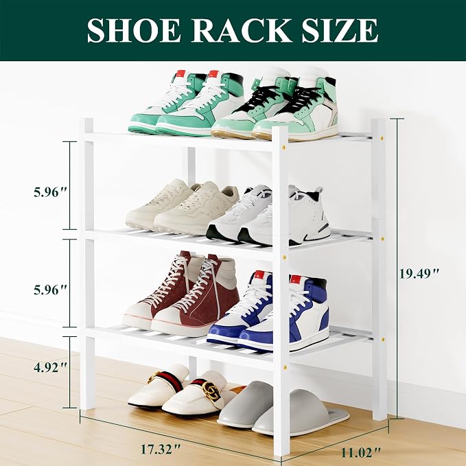 Smiry Bamboo Shoe Rack, 12 Vertical Slats, 3 Tier - 17.3" Wide, White | Stackable Free Standing Wooden Shoe Organizer, Wood Shoe Storage Shelf for Closet, Entryway
