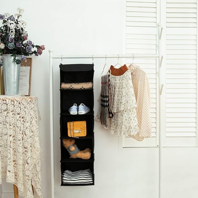 BrilliantJo 2 Pack Hanging Closet Organizer, 5 Shelves Hanging Storage with 6 Side Pockets for Clothes Shoes, 43"x12"x12"(Black)