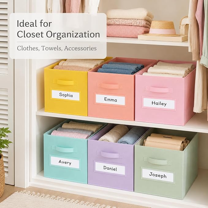 clothmile 6 Pack 11 Inch Fabric Storage Cubes with Label Windows | Collapsible fabric bins fold flat and include handles with sturdy base inserts for shelves closets classrooms and playrooms