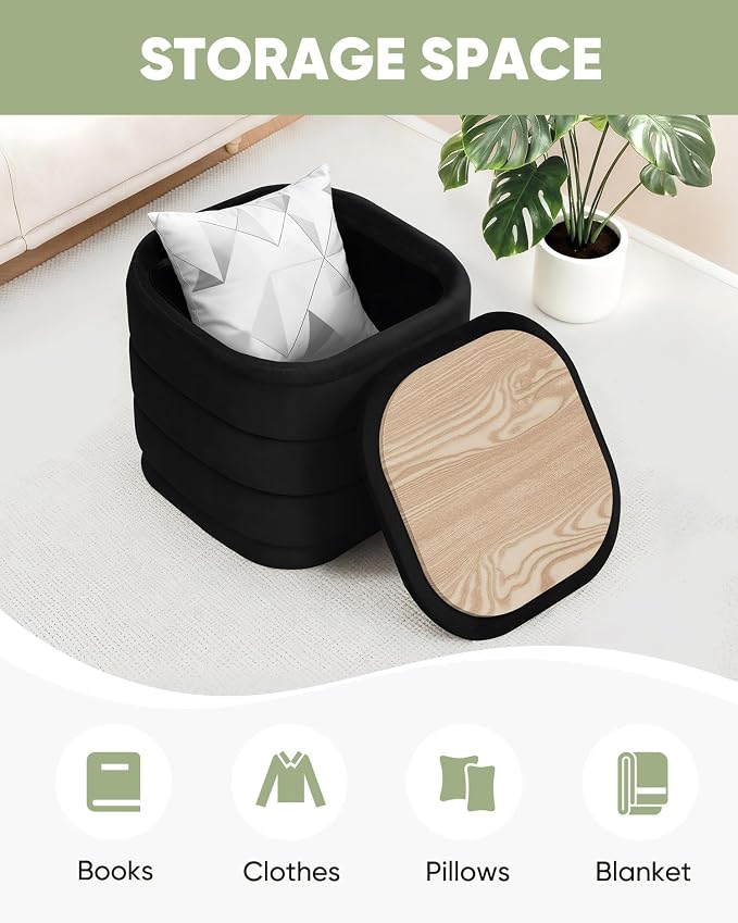 B FSOBEIIALEO Velvet Storage Ottoman with Tray, Square Folding Ottoman with Storage Coffee Table Foot Rest for Dorm Room, Living Room Black, 15"x15"x15"