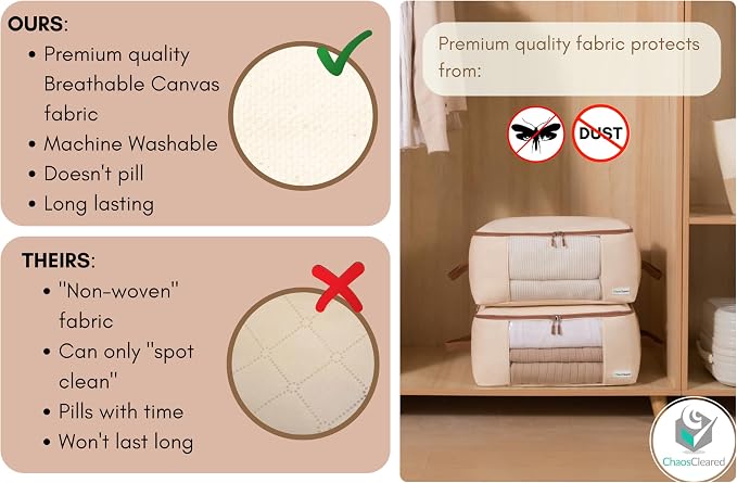 Chaos Cleared Canvas Storage Bags Designer Organizer for Clothing 2 Pack – Clothes Organizers for sweaters, clothing, garment, bedding, quilt, linens, large bag with zip & window, mothproof