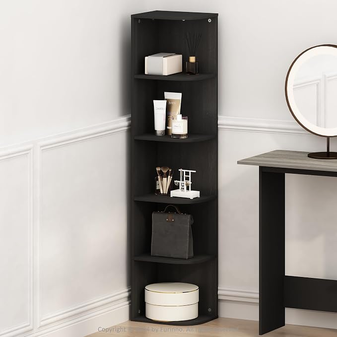 Furinno Reed Corner Shelf, 5-Tier Corner Bookshelf, Book Shelf, Corner Shelves, Storage Rack, for Organization and Storage, Home Office, Living Room, Blackwood