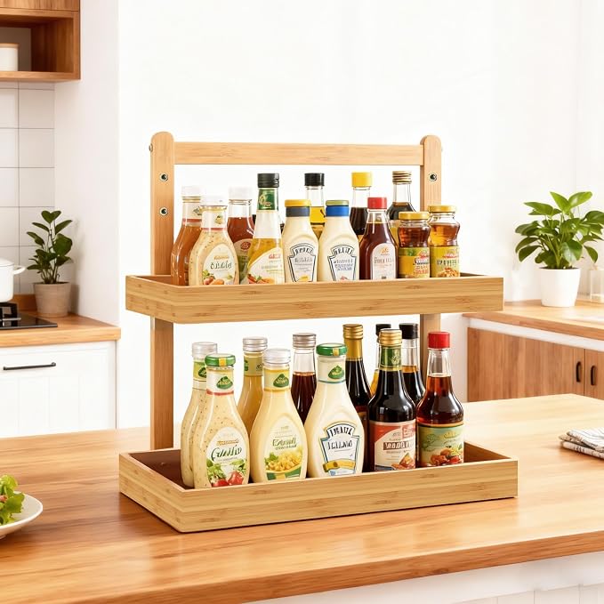 Bamboo Undersink Organizer Storage - 2-Tier Cabinet Shelf with Adjustable Levels, Under Sink Storage Slide Out for Cabinet Pantry Kitchen Bathroom (Natural)