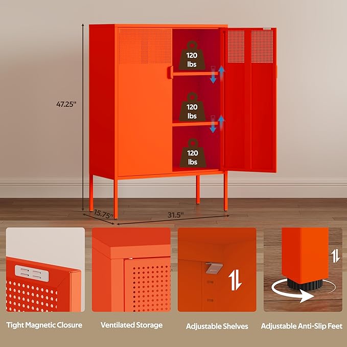 3-Tier Metal Storage Cabinet with 2 Adjustable Shelves & Mesh Doors | Metal Locker Accent Cabinet with Legs, Orange Storage Cabinets, Metal TV Stand Cabinet for Home Office, Entryway & Hallway