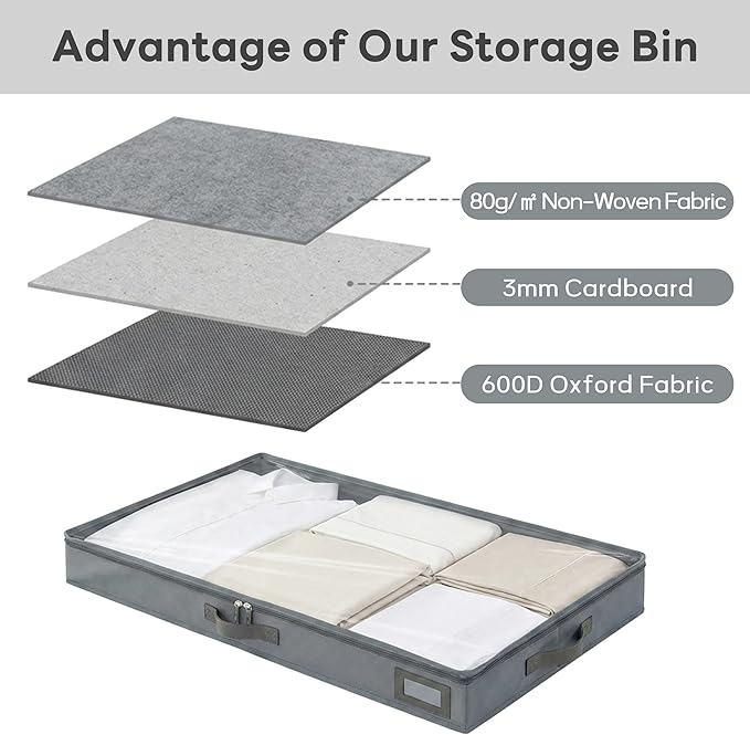 4" Low Profile Under Bed Storage Bins (3-Pack, Grey), Slim 600D Oxford Fabric Clothes Organizer Box with Reinforced Leather Handles, Sturdy Clear Lid