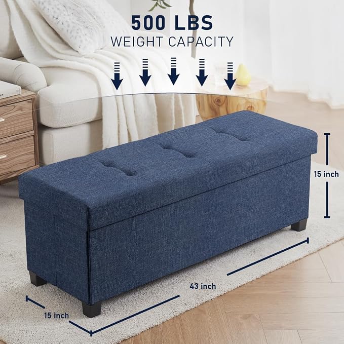 Ornavo Home 43" Large Storage Ottoman Bench with Legs, Navy Blue | Foot Rest Stool; Ottoman with Hidden Storage; Ideal for Bedroom, Living Room, Entryway or Home Office