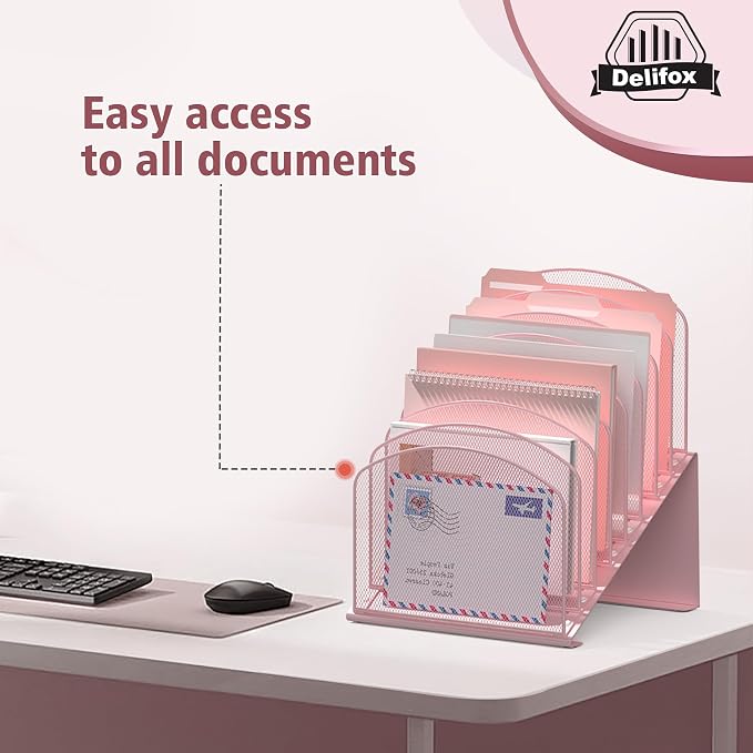 Inclined Desk File Organizer, 8-Section Upright Desk Organizer Standing File Sorter for Office Classroom Desktop Organization (Pink, 8)