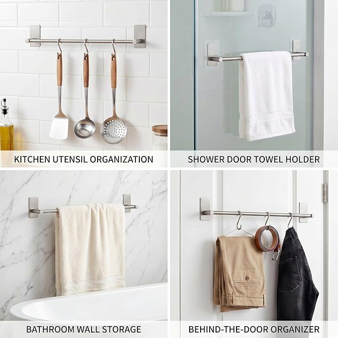 Adhesive Bath Towel Bar 24-inch, No Drill Stick On Towel Rack, Easy Install with Self-Adhesive, Premium SUS304 Stainless Steel (Brush Nickle, 24)