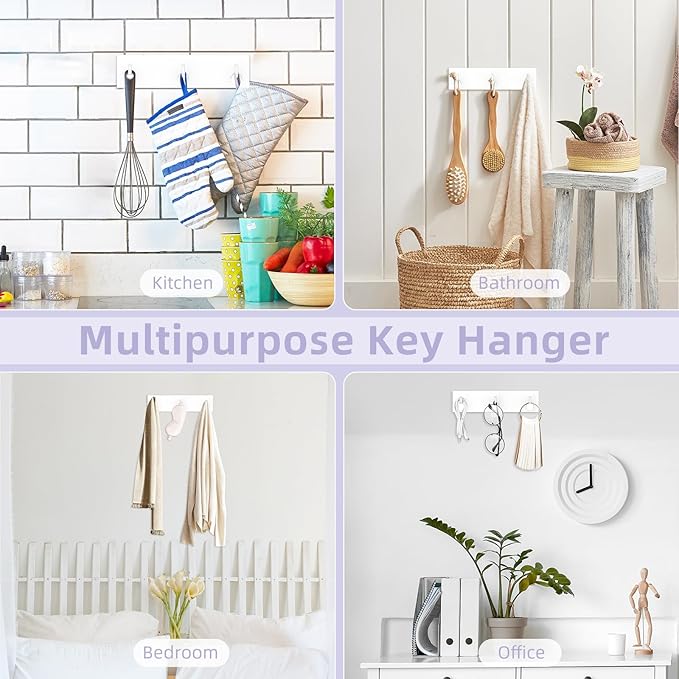 VIS'V Key Holder Wall Mount, Small Adhesive Key Hanger with 3 Hooks, White | Metal Material, No Drilling, Extra Adhesive Strip, Suitable for Entryway, Hallway, Doorway, Kitchen, Garage, Camper