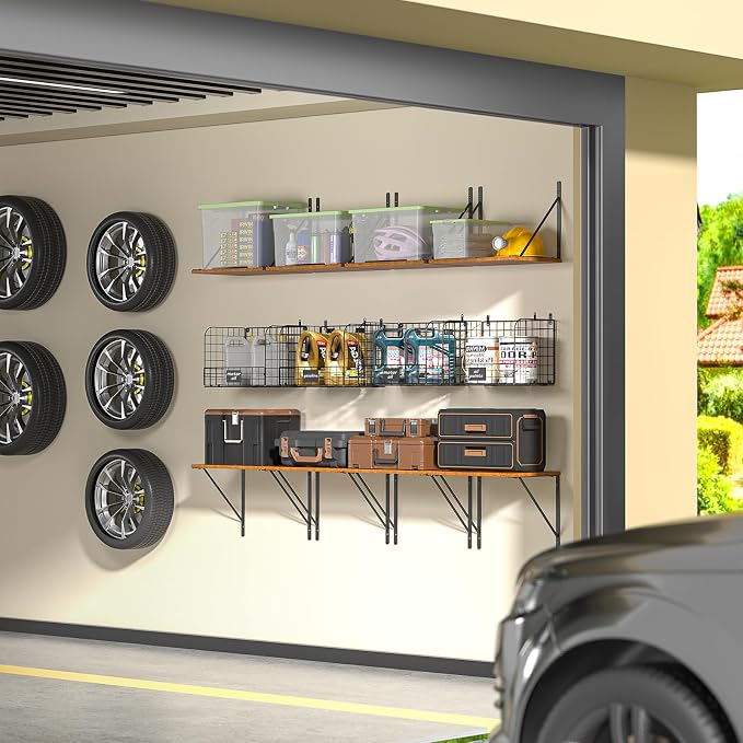 ThreeHio 2 Pack Garage Shelves Wall Mounted with Wire Storage baskets, Heavy Duty Garage Wall Shelving with Hooks, Wooden floating shelves Tool Organizer for Home Garden Garage Organizers and Storage