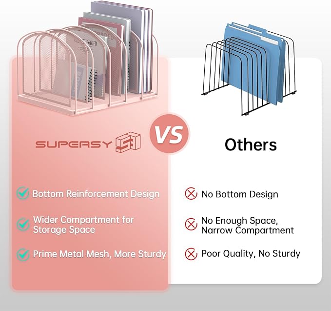 SUPEASY 5-Section File Organizer for Desk, Metal File Folder Holder, Pink | 5 Vertical Compartments with Sturdy Metal Base for Office Documents Books Magazines and Laptop