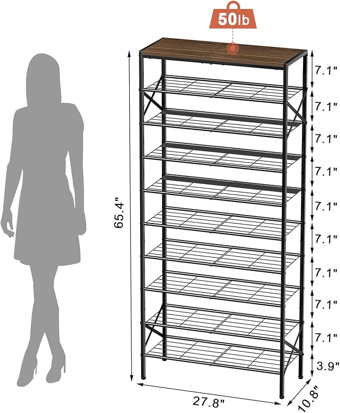 10 Tier Metal Shoe Rack with Wood Top, 30-40 Pairs Rustic Brown | 65.4in tall for max capacity. 3 iron sheets secure heels. Removable shelf for boots. Top displays decor.