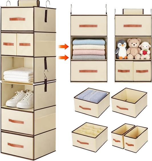 Hanging Closet Organizer 6-Shelf, Upgrade Closet Organizers and Storage with 5 Removable Drawers & 4 Side Pockets, Hanging Shelf Organizer for Closet or Garment Rack, 12.6'' x 12.6'' x 44.1'', Beige