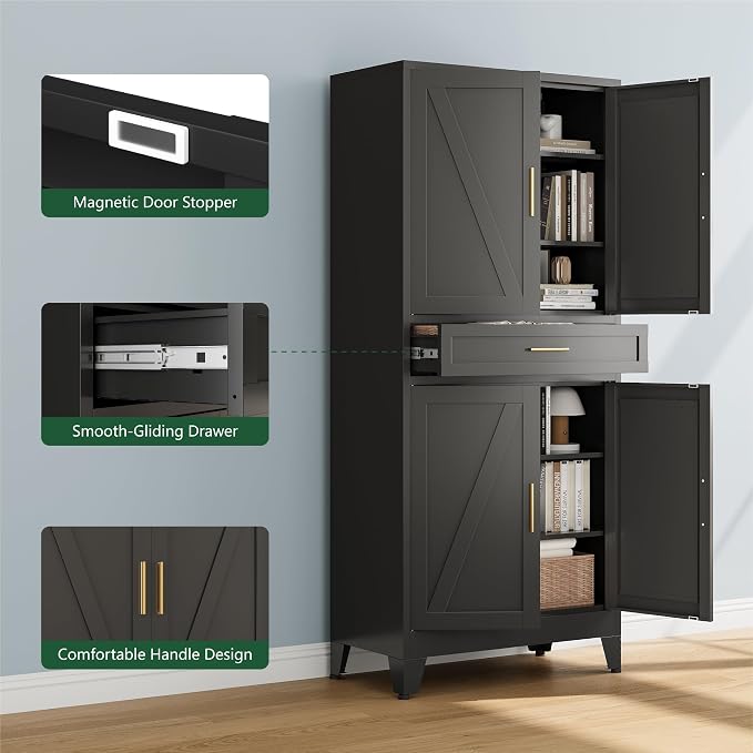 Bevivog 71" Kitchen Pantry Cabinet, Metal Storage Cabinet with Drawer, 2 Doors and 4 Adjustable Shelves Cabinet for Home Office Laundry Living Room Farmhouse Black Metal Pantry