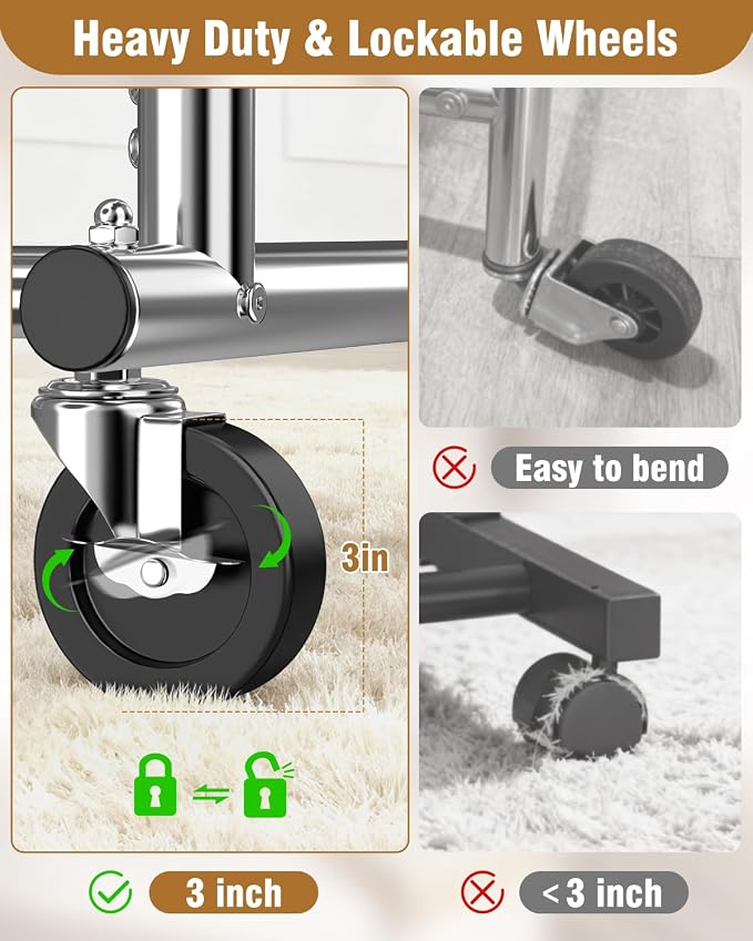 EAGMAK Heavy Duty Clothes Rack for Hanging Clothes Load 556 LBS, Height Adjustable Rolling Clothing Racks, Portable Metal Coat Rack Garment Wardrobe with Wheels and Shelves for Bedroom Laundry, Silver