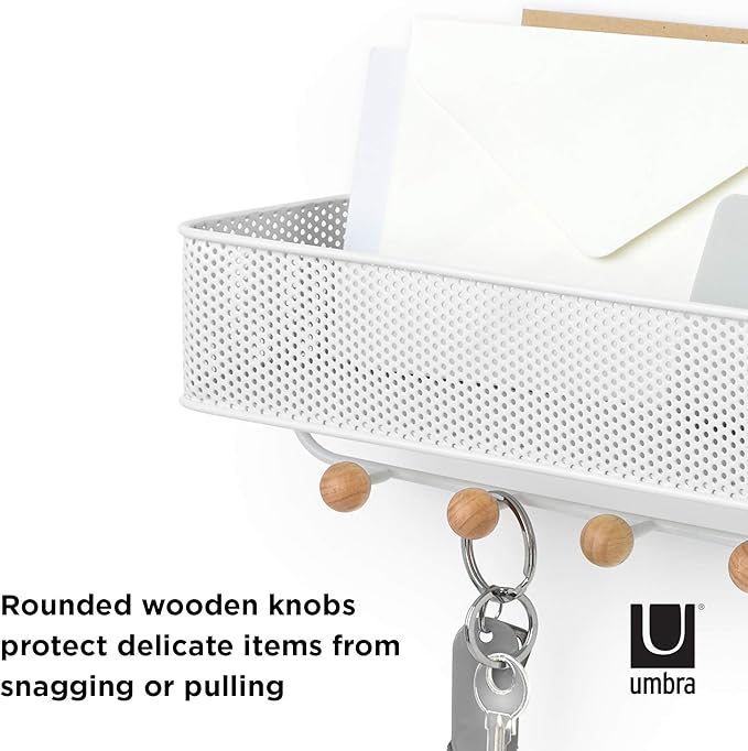 Umbra Estique Entryway Organizer, Wall Mount Key Holder, White/Natural | Steel construction, perforated mail bin, five wooden knob hooks, hidden mounting hardware, holds up to 5 lbs