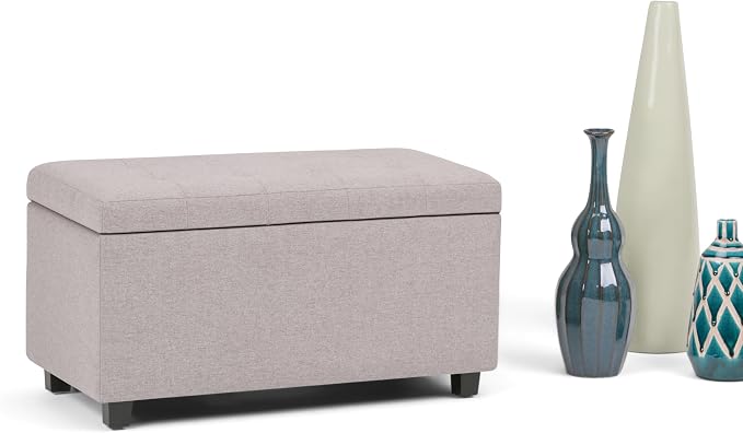 SIMPLIHOME Cosmopolitan 34" Wide Vegan Leather Storage Ottoman in Cream | Cloud grey, transitional storage ottoman with tufting and lift-up lid; rectangle storage bench for living room or entryway.