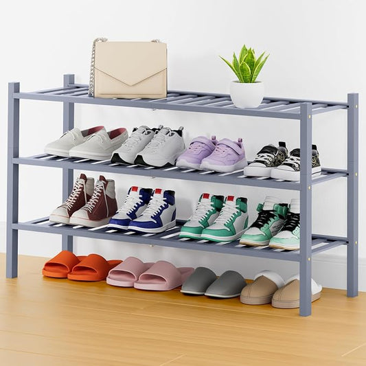 Smiry Bamboo Shoe Rack, 14 Vertical Slats, 3 Tier - 33.7" Wide, Grey | Stackable Free Standing Wooden Shoe Organizer, Wood Shoe Storage Shelf for Closet, Entryway, Thicher Leg