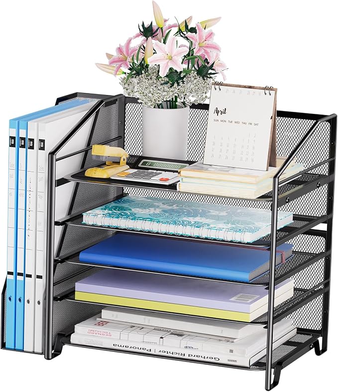 Simple Trending 5-Tier Desk File Organizer, Paper Organizer, Black | Adjustable Letter Trays, Side File Shelf，Durable Steel Mesh, Space Saving, for Home Office, 15.4"L x 9"W x 13"H