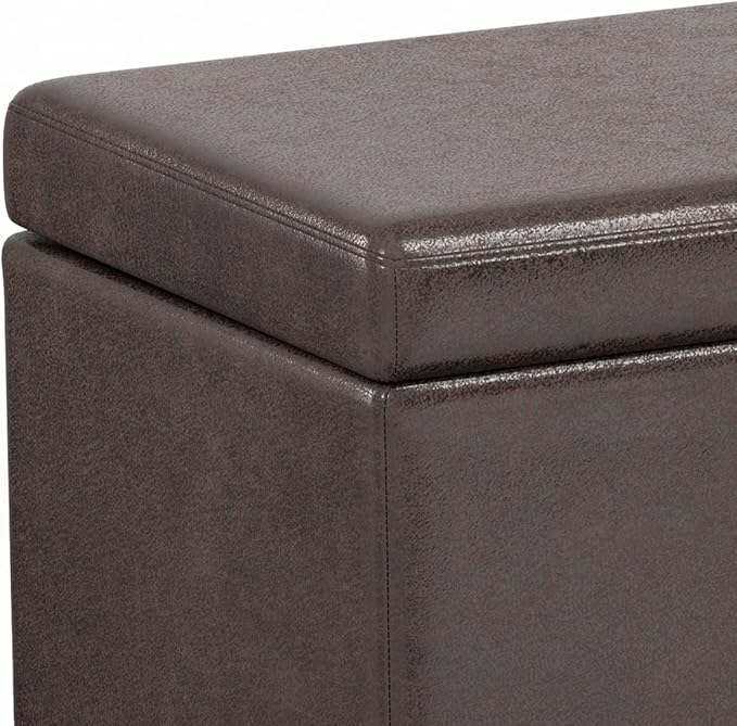 SIMPLIHOME Bretton 43" Wide Polyester Fabric Storage Ottoman in Umber Brown | Contemporary lift-top ottoman with high-density foam; rectangle storage bench or coffee table for living room or entryway.