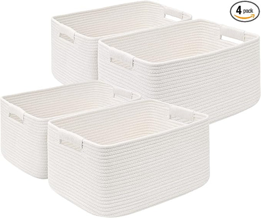 4 Pack Large Storage Basket for Organizing, 17.5"x13"x7" Woven Basket for Shelves, Closet Cube Storage Bins with Wrapped Handle, Cotton Rope Baskets for Kitchen, Clothes, Toys(Off White)
