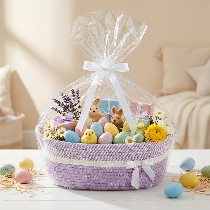 Colingmill 1 Set Woven Empty Basket for Gift,Light Purple White | with Cellophane Wrap Set, 14 x 10 x 5.5 Inch, Medium Decorative Gift Basket, Cotton Rope Storage Box, Home Decor