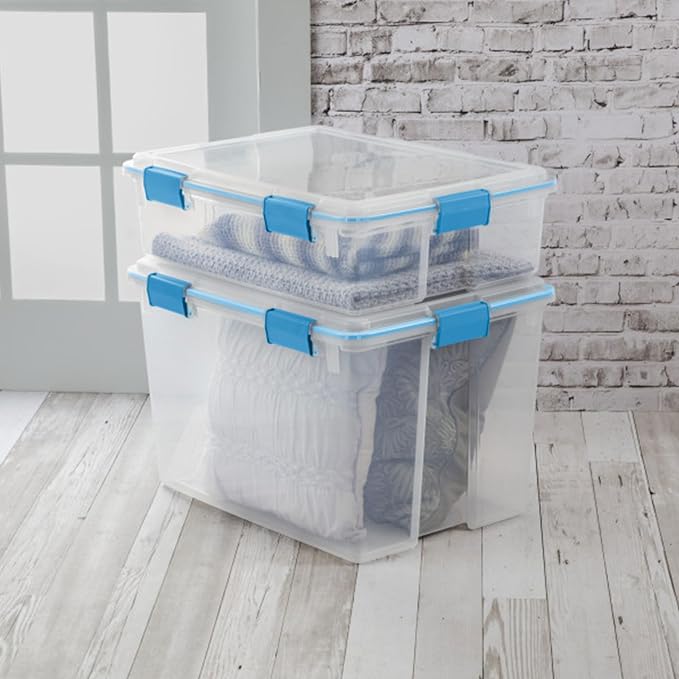 Sterilite Gasket Storage Box with Lids for Home & Office, 37 Quart, 16-Pack | Heavy-Duty, Stackable, and Organizing Containers for Bathroom, Cabinet, Closet, and Garage, Clear and Blue Aquarium Latches