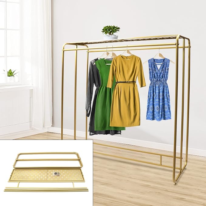 Gold Clothing Rack Heavy Duty, Metal Garment Rack with Top Shelf, Dual-bar Clothes Rack for Retail Display, Home Use