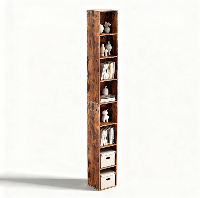 8-Cube Storage Organizer Bookcase, Tall Narrow Bookshelf for Home Office (Retro Brown)