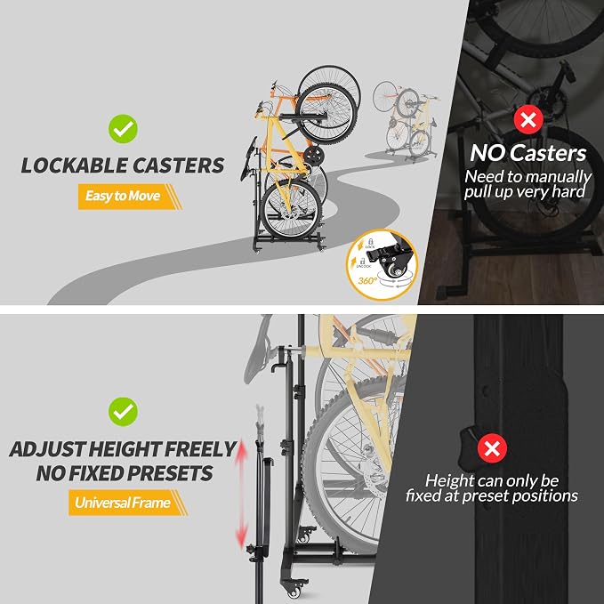 Bike Rack for Garage, Vertical Bike Stand (2 Pack), Fits bikes up to 29" | Freestanding Bike Stand With No Wall Mounting Or Drilling, Adjustable Height, Stores Up To 2 Bikes With Casters For Mobility