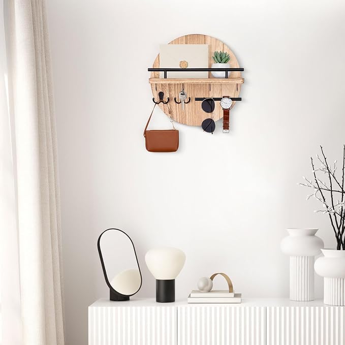Nekon Key Holder Wall Mount, 11.8 Inch Key Rack with Shelf and 6 Key Hooks, Rustic Key and Mail Organizer, Circular Wooden Key Hanger for Entryway Hallway Kitchen (Wood)