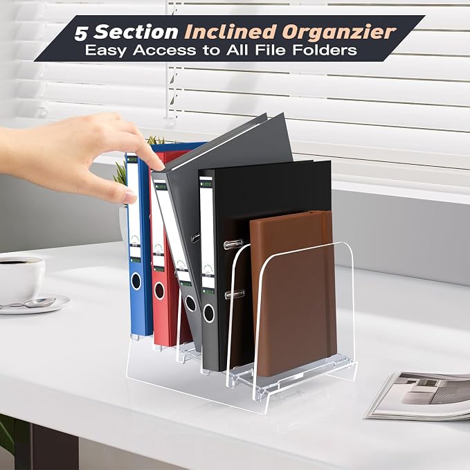 File Holder File Sorter, Vertical File Organizer for Desk, Desk Top File Folder Organizer Stand, Acrylic File Rack File Folder Holder, 5 Sections Clear File Stand for Office, School, Home