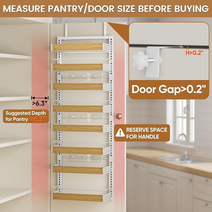 POKIPO 8 Tier Over The Door Pantry Organizer, 2 IN 1 Wall Mount or Hanging Spice Rack Seasoning Shelves with Adjustable Basket, Back of Door Organizer and Storage for Kitchen Cabinet and Room Closet