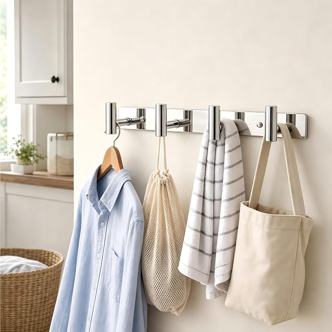 Wall Mounted Coat Rack-4 Hooks, Heavy Duty Stainless Steel Wall Hooks for Towel Coat Bag, Hat Rack Hanger Coat Hooks Towel Racks for Bathroom Entryway Kitchen Hotel (Glossy Chrome, 1 Pack)