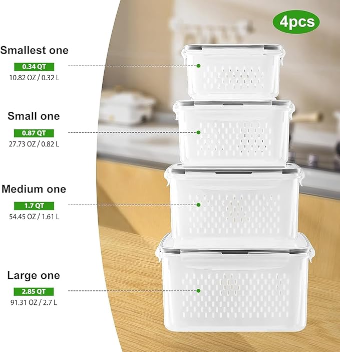 Freshmage Fruit Storage Containers for Fridge with Removable Colander, Airtight Food Storage Container, Dishwasher Safe Produce Saver for Refrigerator, Keep Berry Fruit Fresh Longer 4 pcs Small Clear | Airtight Food Storage Container Dishwasher Safe Pr...