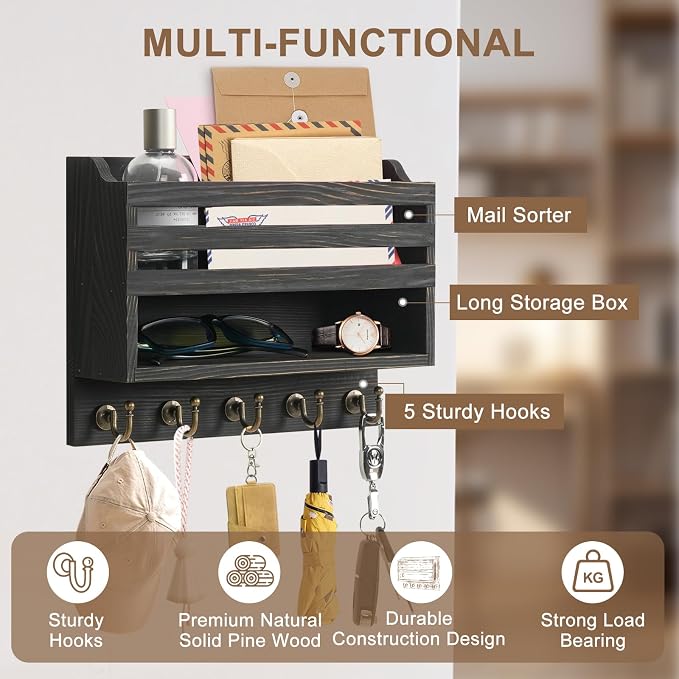 Key Holder Wall Mount with Mail Organizer, 5 Key Hooks, Black | Wood Mail Organizer Wall Mounted with 5 Key Hooks & Storage Box and Mail Organizer for Entryway, Apartment, Home and Office