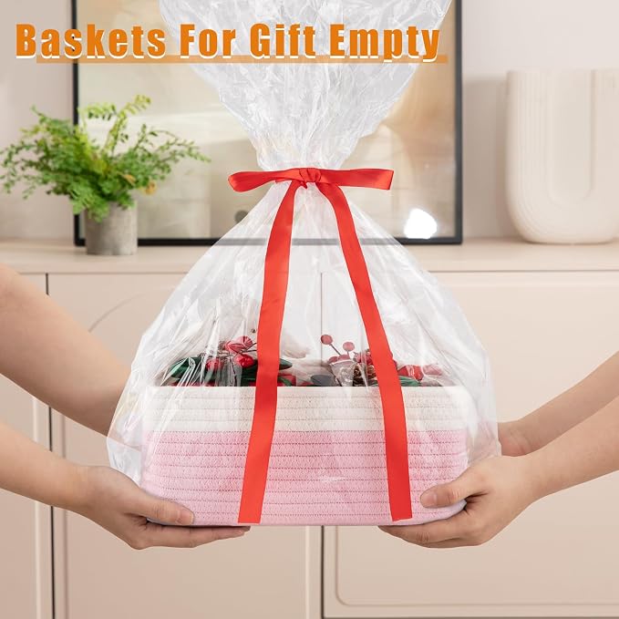 OIAHOMY 4 Pack Storage Baskets for Organizing, Small Bins for Shelves, Cute Decorative Storage Bins, Organizer Baskets for Gifts Empty, 13.8''Lx9.8''Wx5.5''H, Pink/White