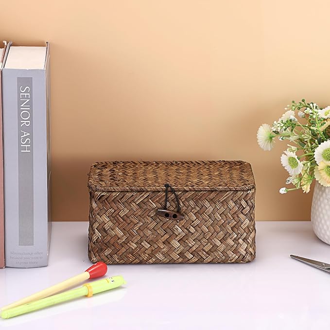 Hipiwe Handwoven Wicker Basket with Lid Small Desktop Seagrass Organizer | Decorative Basekt Boxes Bin for Remote Control Keys Candy, Coffee Color 7.0"L x 4.3"W x 3.3"H