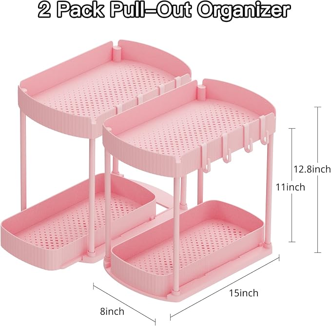 Ukeetap 2 Pack Multi-Purpose Pull-Out Storage Organizers, Under Sink & Cabinet Organizers, 12.8 Inch Pink