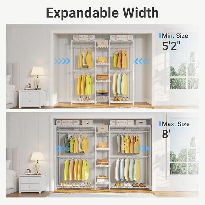 VIPEK X3 Expandable Heavy Duty Clothes Rack Closet Organizer System White | Large Freestanding Clothing Racks with Adjustable Shelves and Hanger Rods from 5'2" to 8', Reach-in & Walk-in Closet, 1210LBS