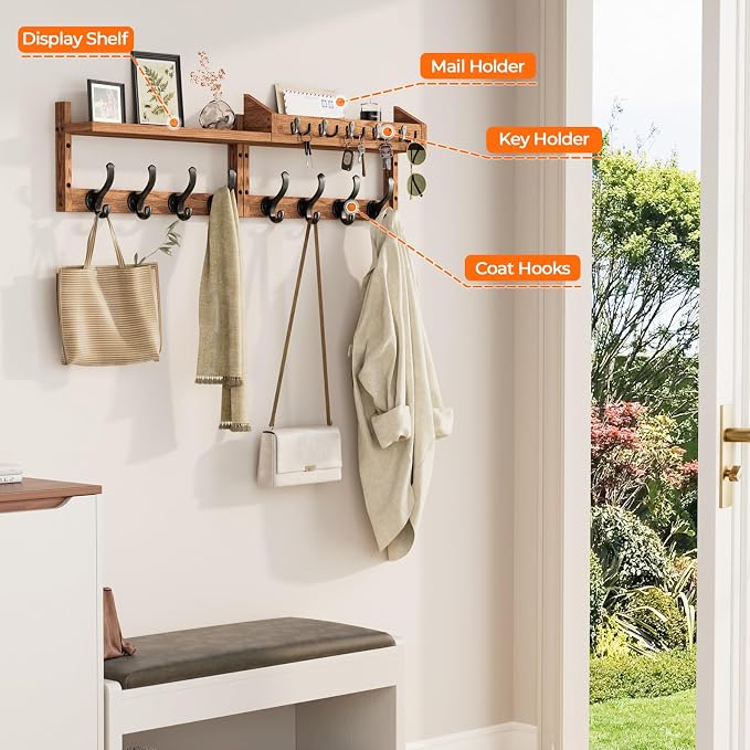 Evermagin 35" Coat Rack Wall Mount with Shelf & 13 Hooks, Entryway, Brown | 4-in-1: coat hooks, key hanger, mail holder & display shelf. Pine wood. For bedroom, hallway, mudroom, livingroom