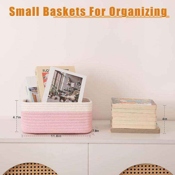 OIAHOMY 4 Pack Storage Baskets for Organizing, Small Bins for Shelves, Cute Decorative Storage Bins, Organizer Baskets for Gifts Empty, 11.8''Lx7.8''Wx4.7''H, Pink/White